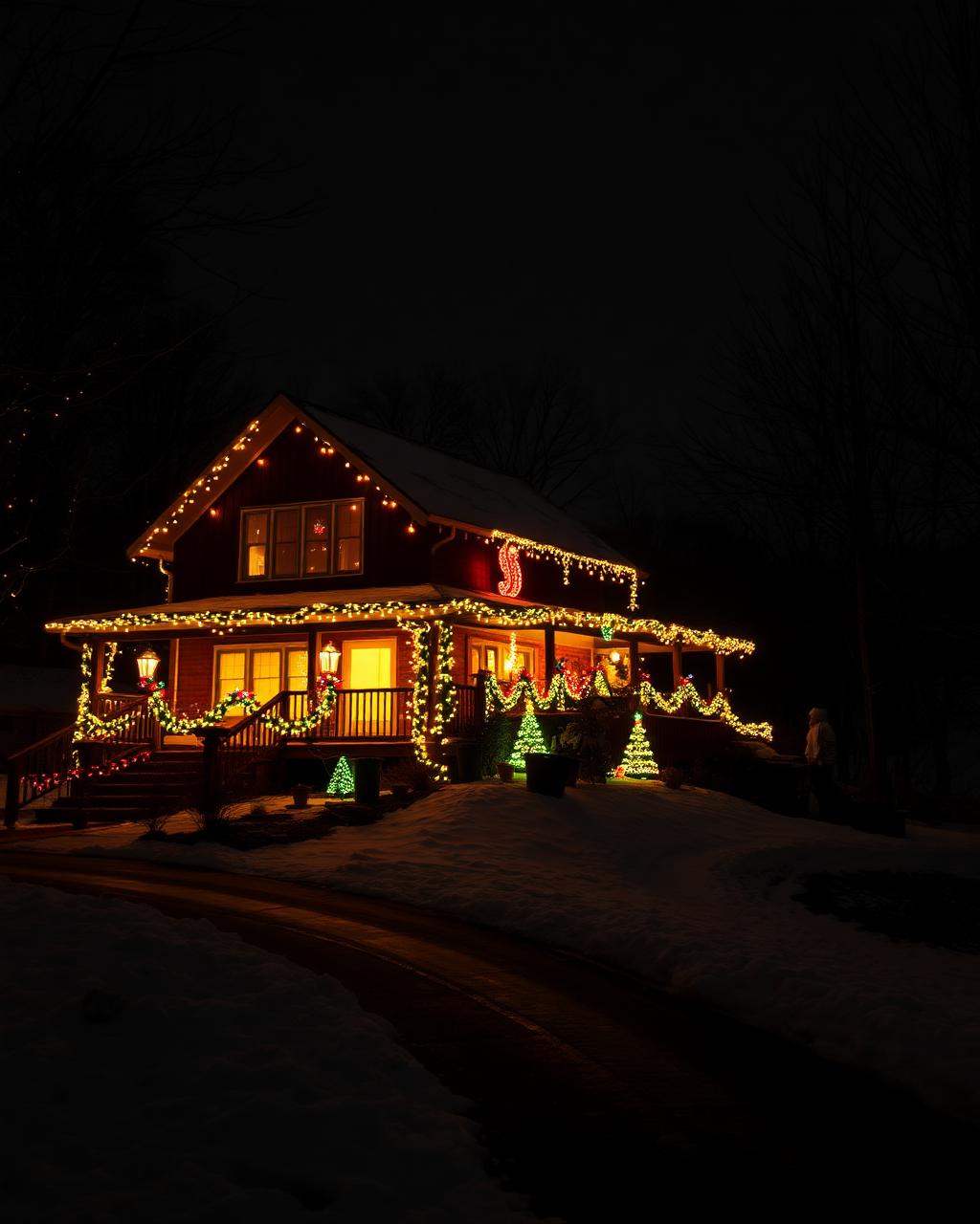 Night-time Christmas lighting on home