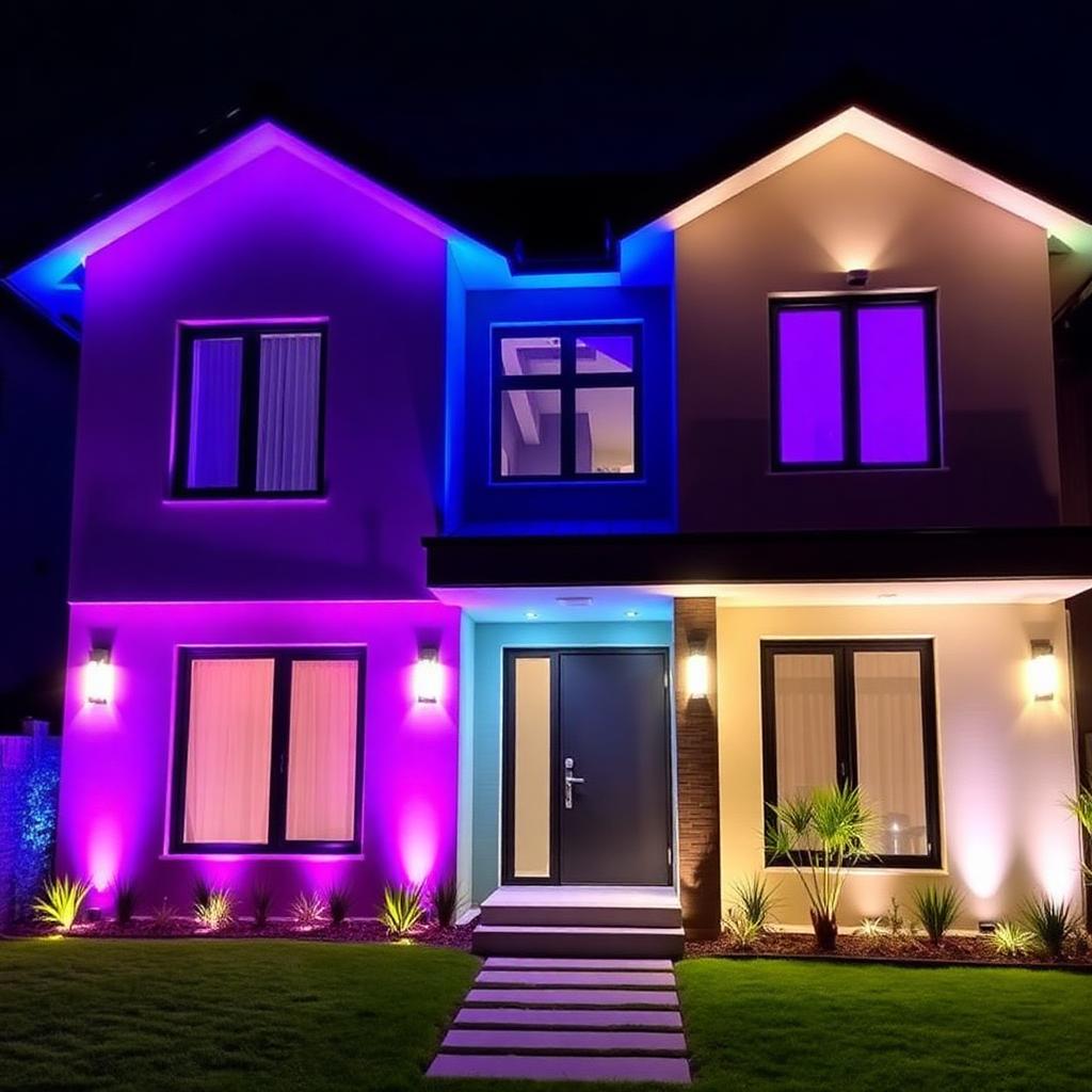 Permanent color-changing lighting on home at night
